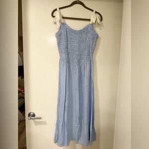 🦋 Sienna Sky Blue and White Striped Smocked Top Basque Waist Midi Dress